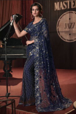 Blue Digital Net Bridal Party Saree