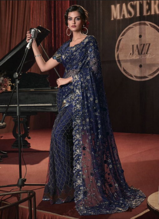 Blue Digital Net Bridal Party Saree