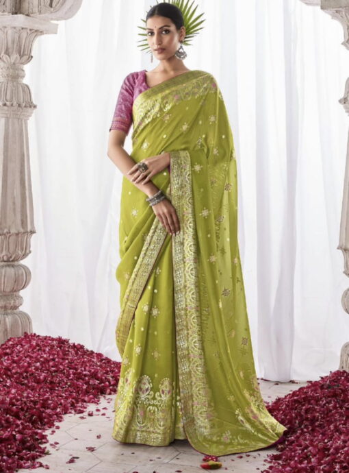 Lime Green Kora Silk Wedding Saree