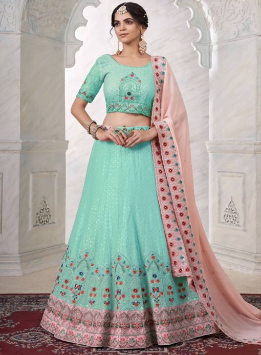 Turquoise Georgette Embroidered Bridal Lehenga Choli