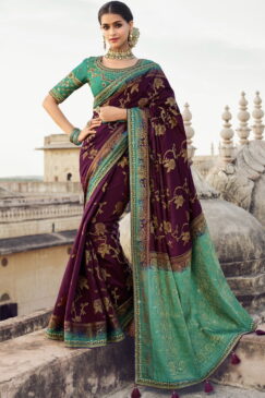 Wine Art Silk Embroidered Wedding Saree