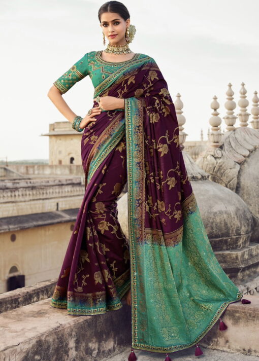 Wine Art Silk Embroidered Wedding Saree