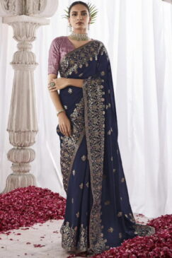 Navy Blue Kora Silk Wedding Saree