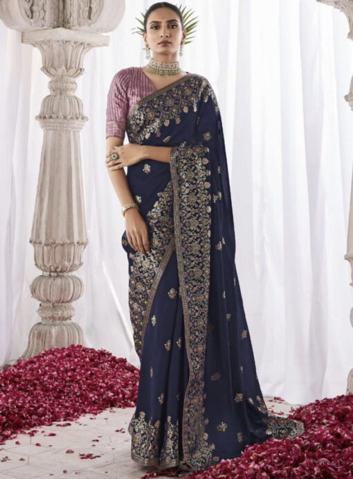 Navy Blue Kora Silk Wedding Saree
