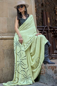 Pale Green Retro Print Satin Silk Saree