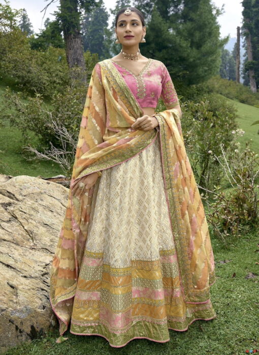 Cream Silk Embroidered Bridal Lehenga Choli