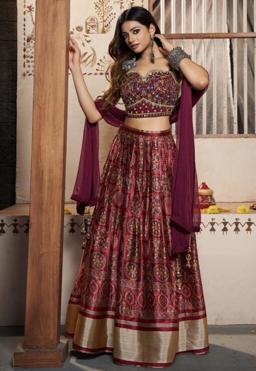 Maroon Silk Embroidered Lehenga Choli
