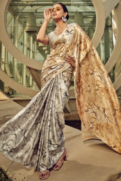 Off White Print Satin Silk Saree
