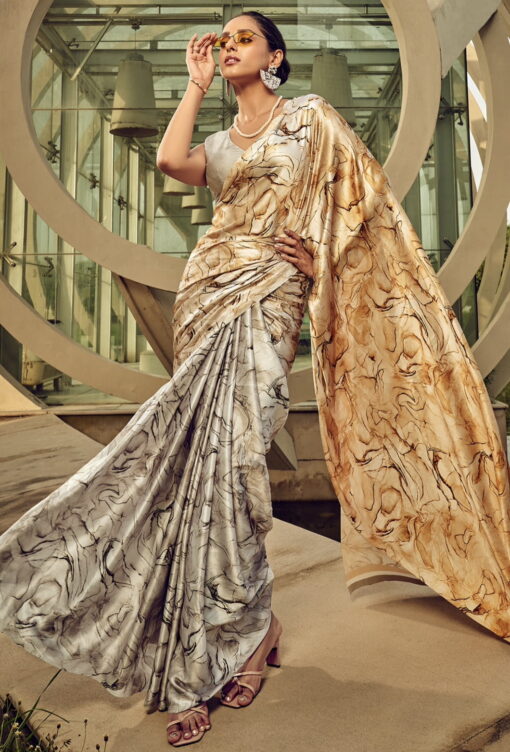 Off White Print Satin Silk Saree