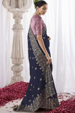 Alternative view of Navy Blue Kora Silk Wedding Saree