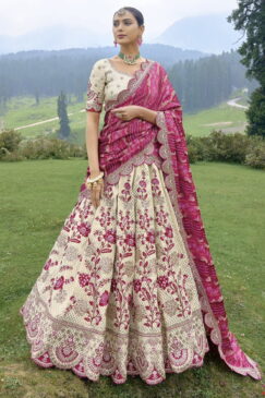 Cream & Pink Silk Embroidered Bridal Lehenga Choli
