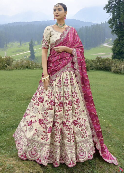 Cream & Pink Silk Embroidered Bridal Lehenga Choli