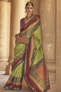 Lime Green Traditional Silk Saree
