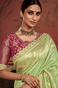 Alternative view of Light Green Soft Dola Silk Wedding Saree