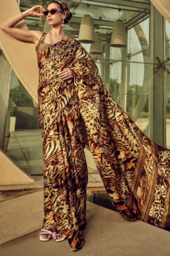 Leopard Print Satin Silk Saree