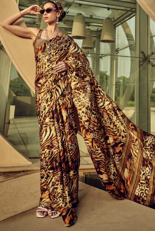 Leopard Print Satin Silk Saree