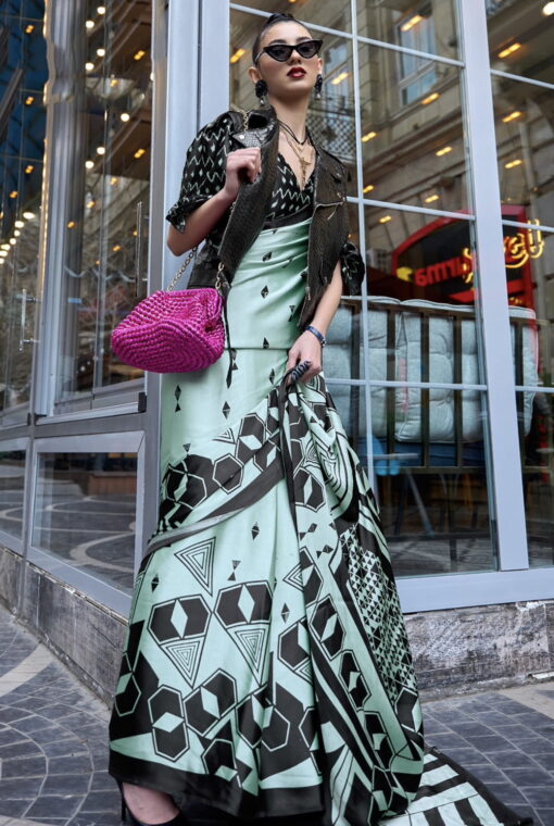 Light Green Retro Print Satin Silk Saree