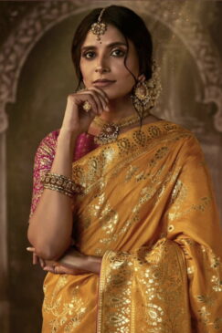 Alternative view of Mustard Dola Silk Wedding Saree