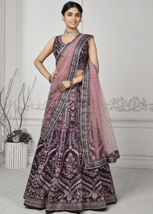 Purple Satin Silk Wedding Lehenga Choli