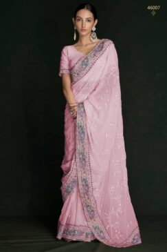 Pink Georgette Lucknowi Embroidered Wedding Saree