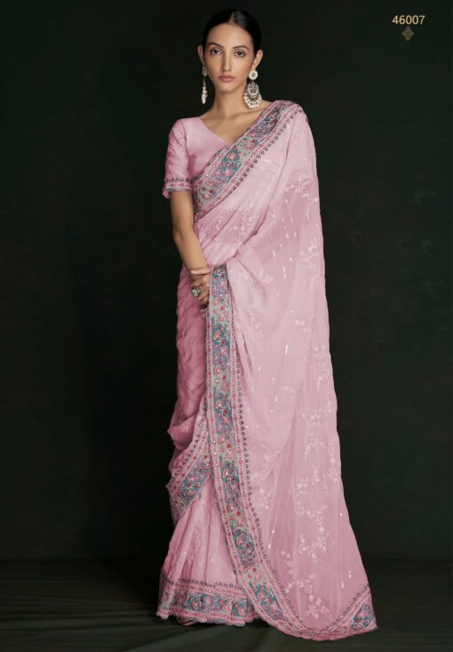 Pink Georgette Lucknowi Embroidered Wedding Saree