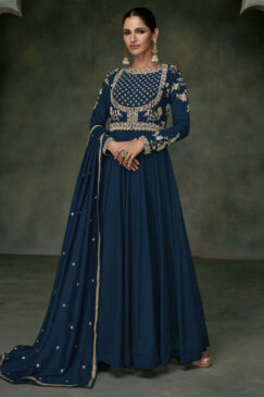 Navy Blue Silk Embroidered Anarkali Gown