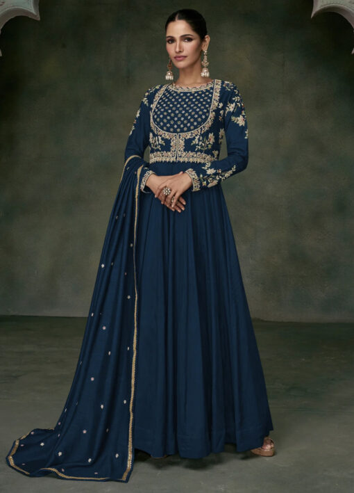 Navy Blue Silk Embroidered Anarkali Gown