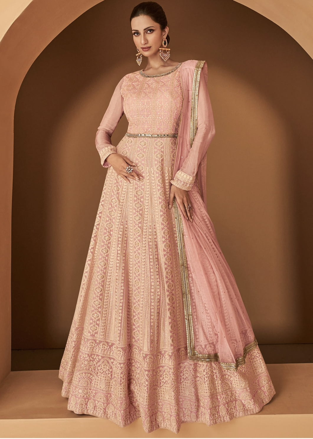 Heavy Net With Chain Stitch And Fiber Glass Work Anarkali Gown Light Peach  Color DN 1141