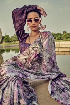 Alternative view of Purple Print Satin Silk Saree