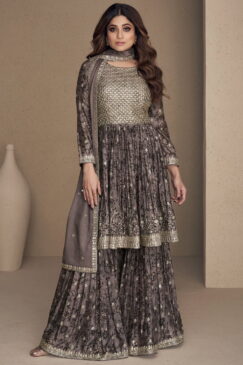 Dusty Purple Chinon Silk Embroidered Palazzo Suit