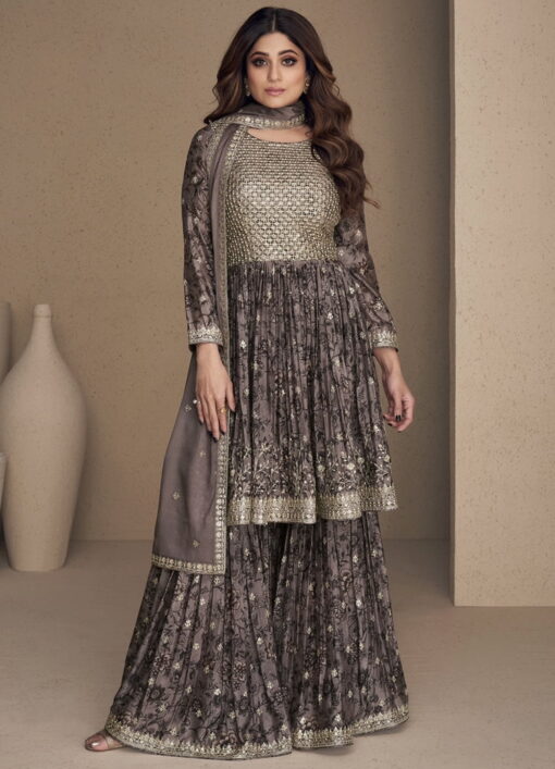 Dusty Purple Chinon Silk Embroidered Palazzo Suit