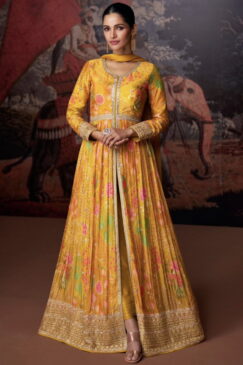 Yellow Front Slit Embroidered Anarkali Suit
