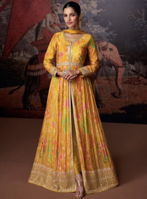 Yellow Front Slit Embroidered Anarkali Suit