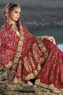 Alternative view of Maroon Bandhani Bridal Saree