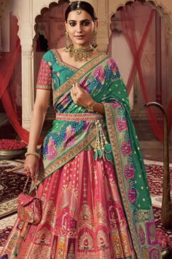 Alternative view of Pink & Green Banarasi Silk Heavy Embroidered Bridal Lehenga Choli