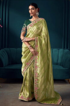 Bright Green Pure Silk Wedding Saree