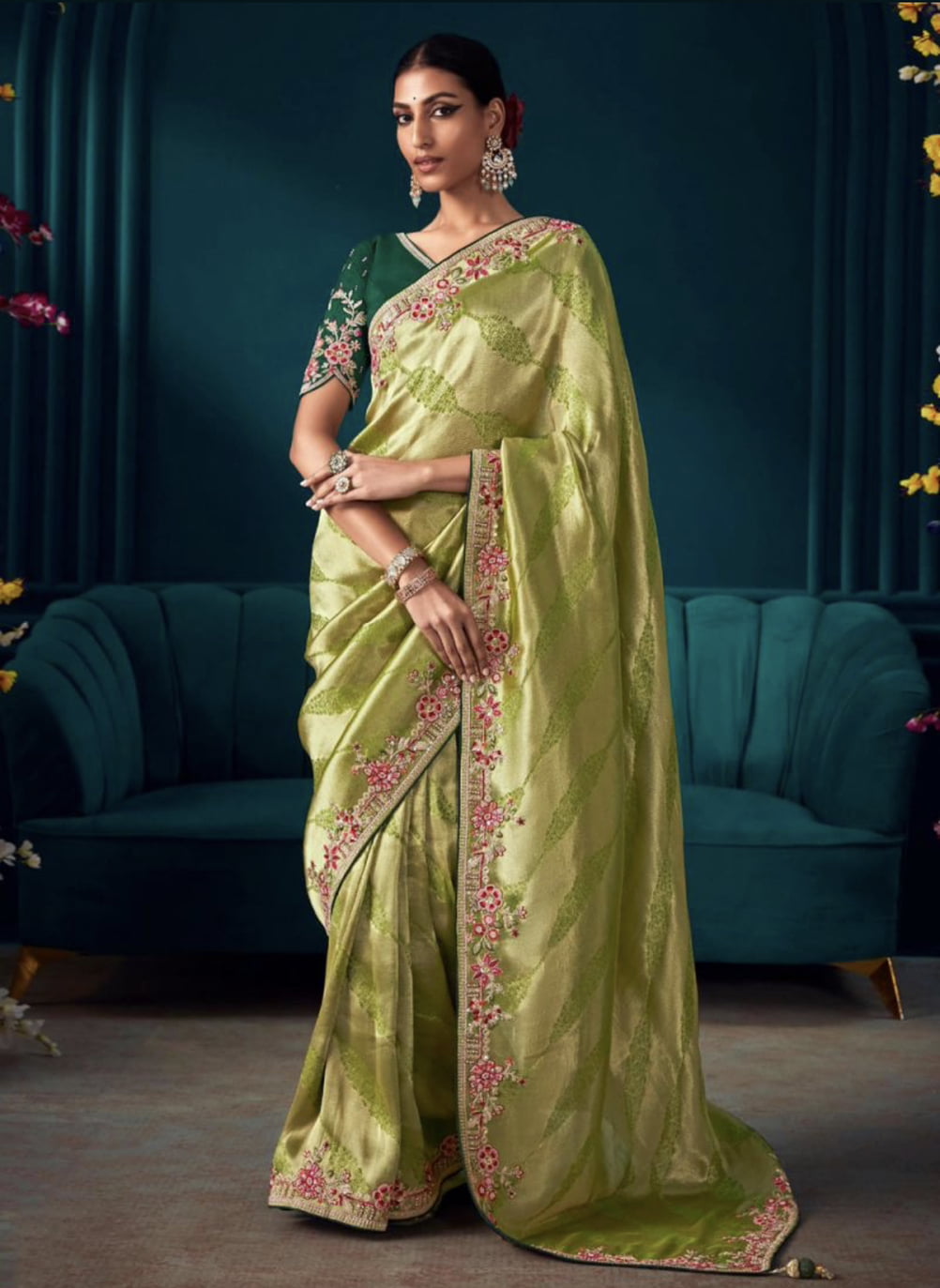 Bright Green Pure Silk Wedding Saree
