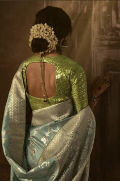 Alternative view of Light Blue Dola Silk Wedding Saree