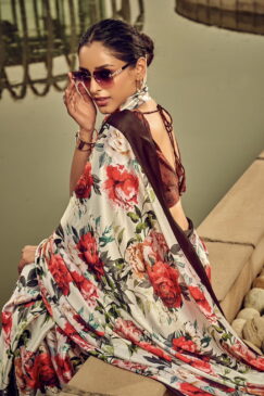 Alternative view of Red Floral Print Satin Silk Saree