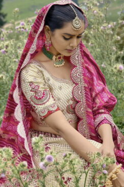 Alternative view of Cream & Pink Silk Embroidered Bridal Lehenga Choli