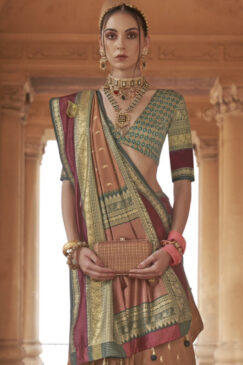Alternative view of Peach & Green Traditional Silk Saree
