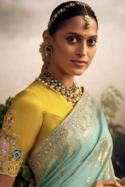 Alternative view of Light Blue Dola Silk Wedding Saree