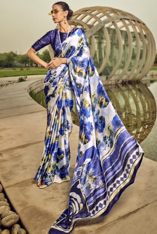 Blue Floral Print Satin Silk Saree