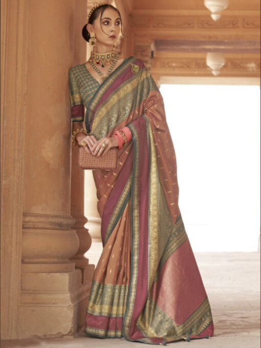 Peach & Green Traditional Silk Saree
