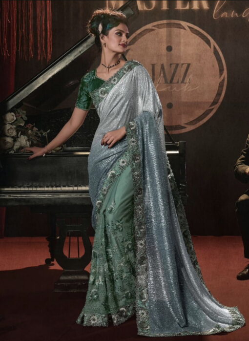 Green Shaded Half N Half Bridal Party Saree