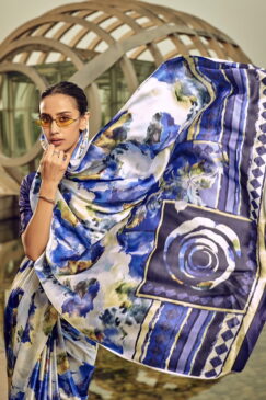 Alternative view of Blue Floral Print Satin Silk Saree