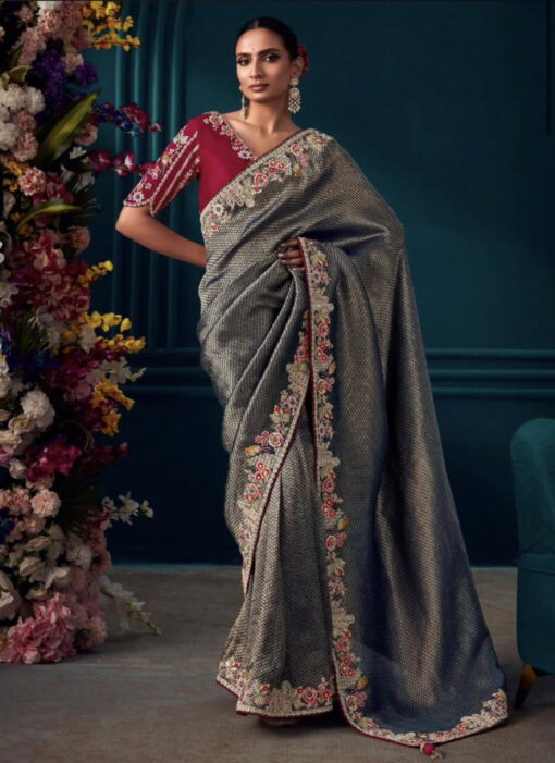 Grey Pure Silk Wedding Saree