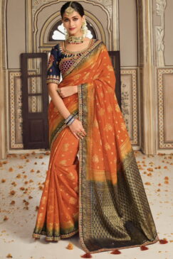 Orange Art Silk Embroidered Wedding Saree