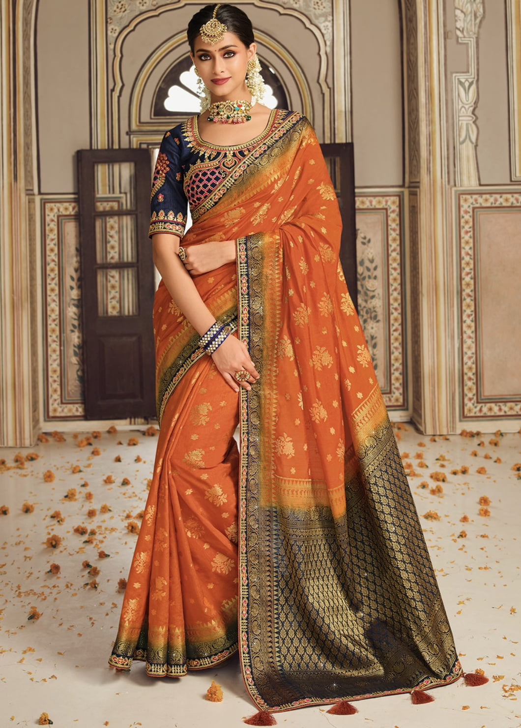 Orange Art Silk Embroidered Wedding Saree