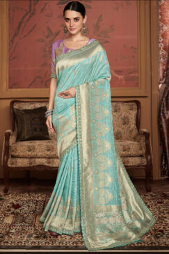 Sky Blue Soft Dola Silk Wedding Saree